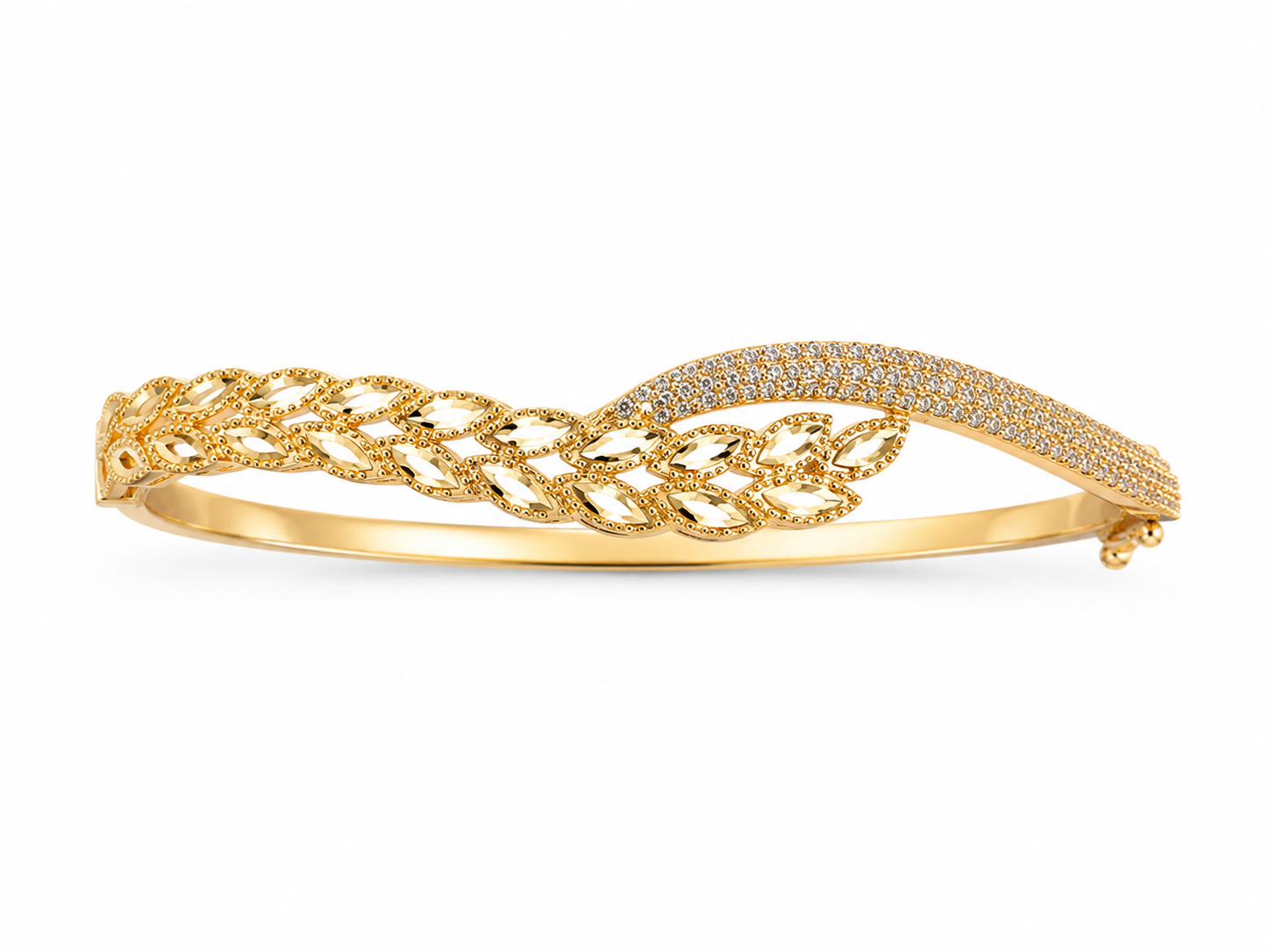 14KT Yellow Gold Leaf Pattern Cubic Zirconium 9 MM Catch Lock Bangle Bracelet