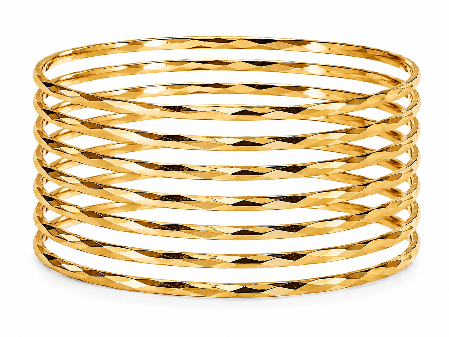 14KT Yellow Gold 7 Piece Pattern Slip On Bangle Bracelet Set
