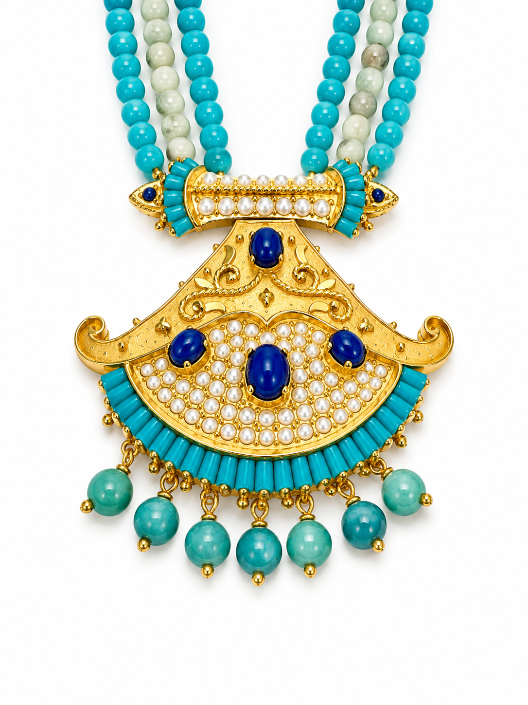 22KT Yellow Gold Turquoise Beaded Gemstone Necklace and Earrings Set