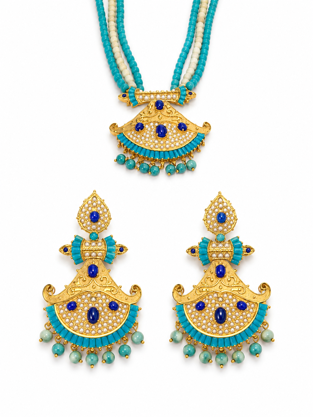 22KT Yellow Gold Turquoise Beaded Gemstone Necklace and Earrings Set