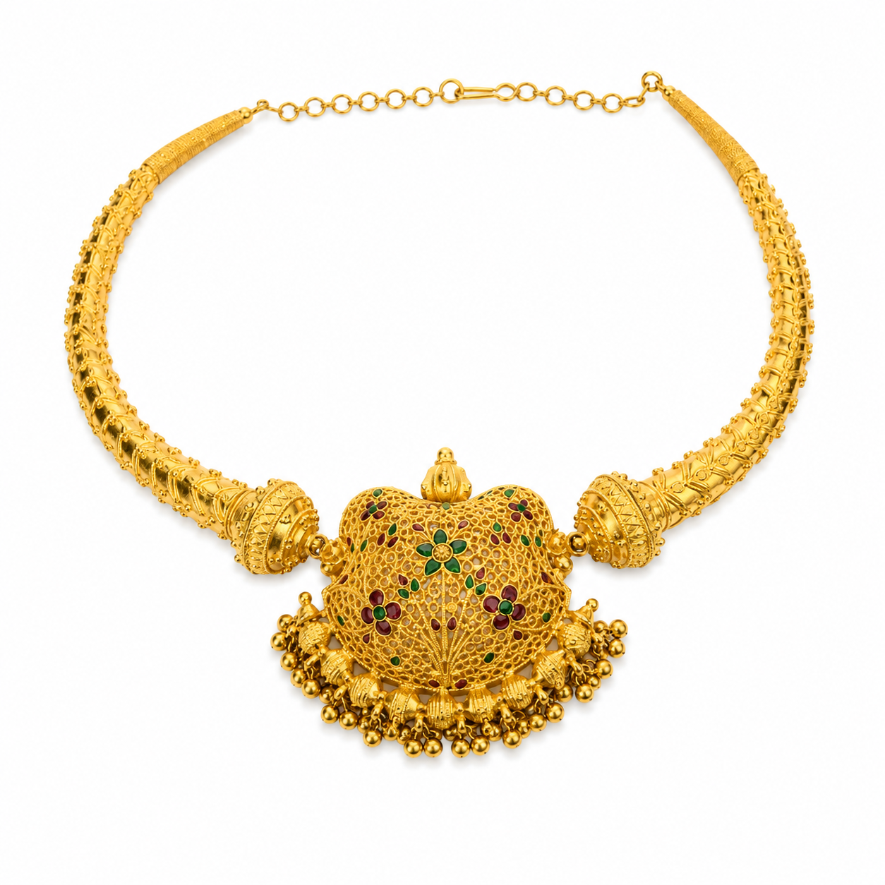 22KT Yellow Gold Temple Style Gemstone Kanti Collar Necklace