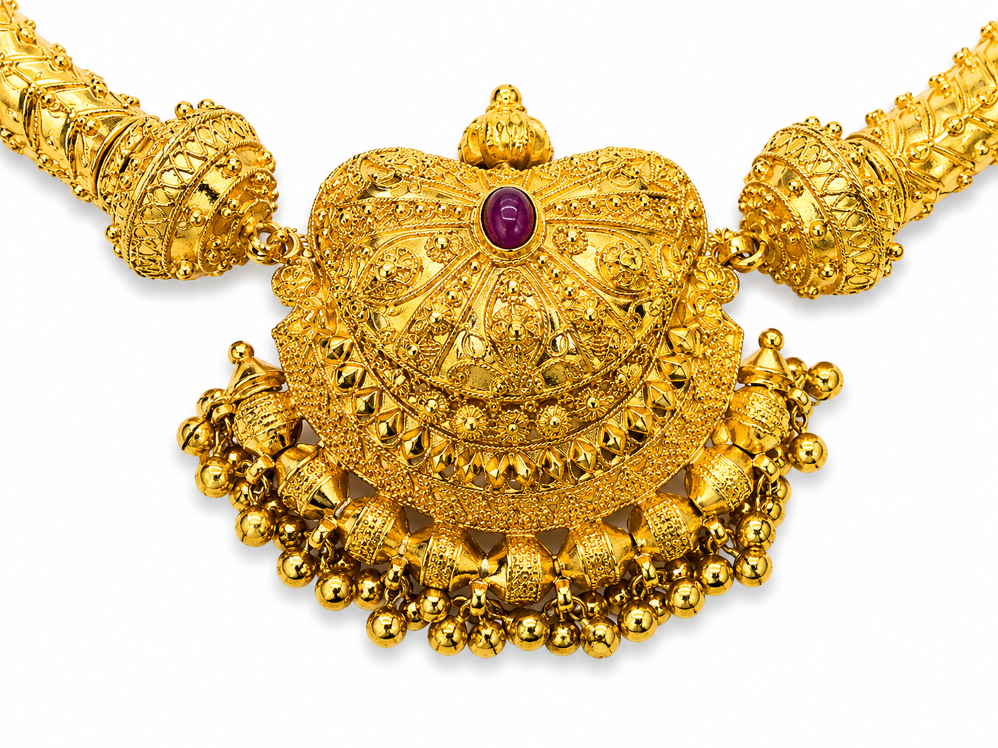 22KT Yellow Gold Temple Style Gemstone Kanti Collar Necklace