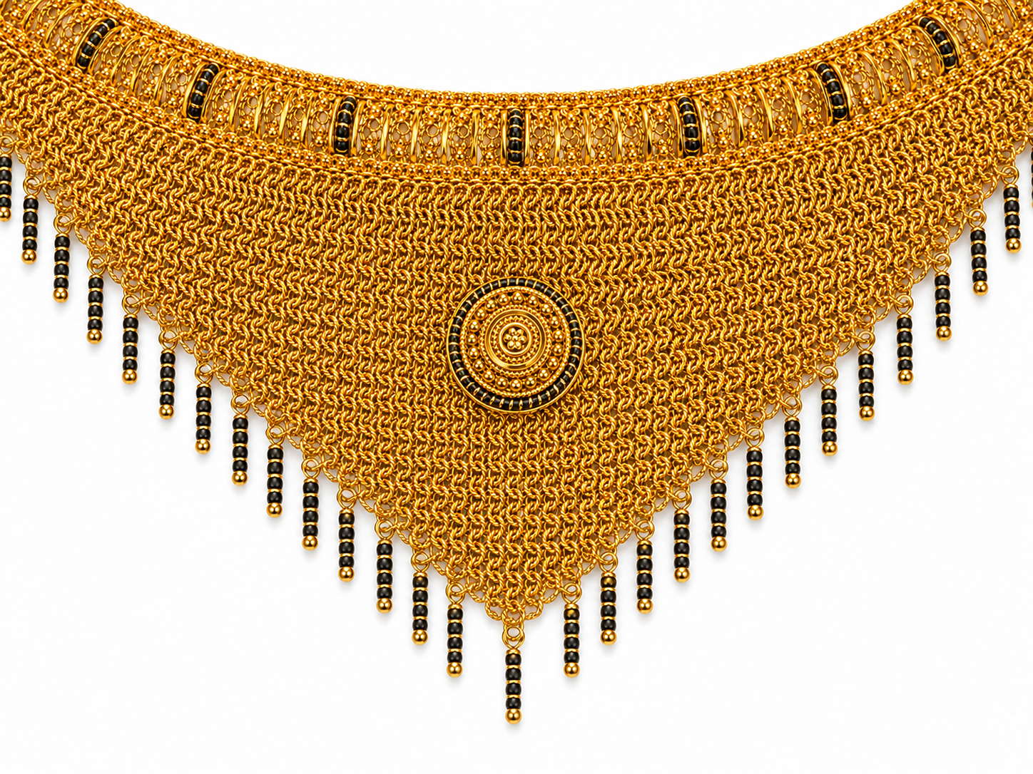 22KT Yellow Gold Black Bead Mesh Choker Bridal Necklace