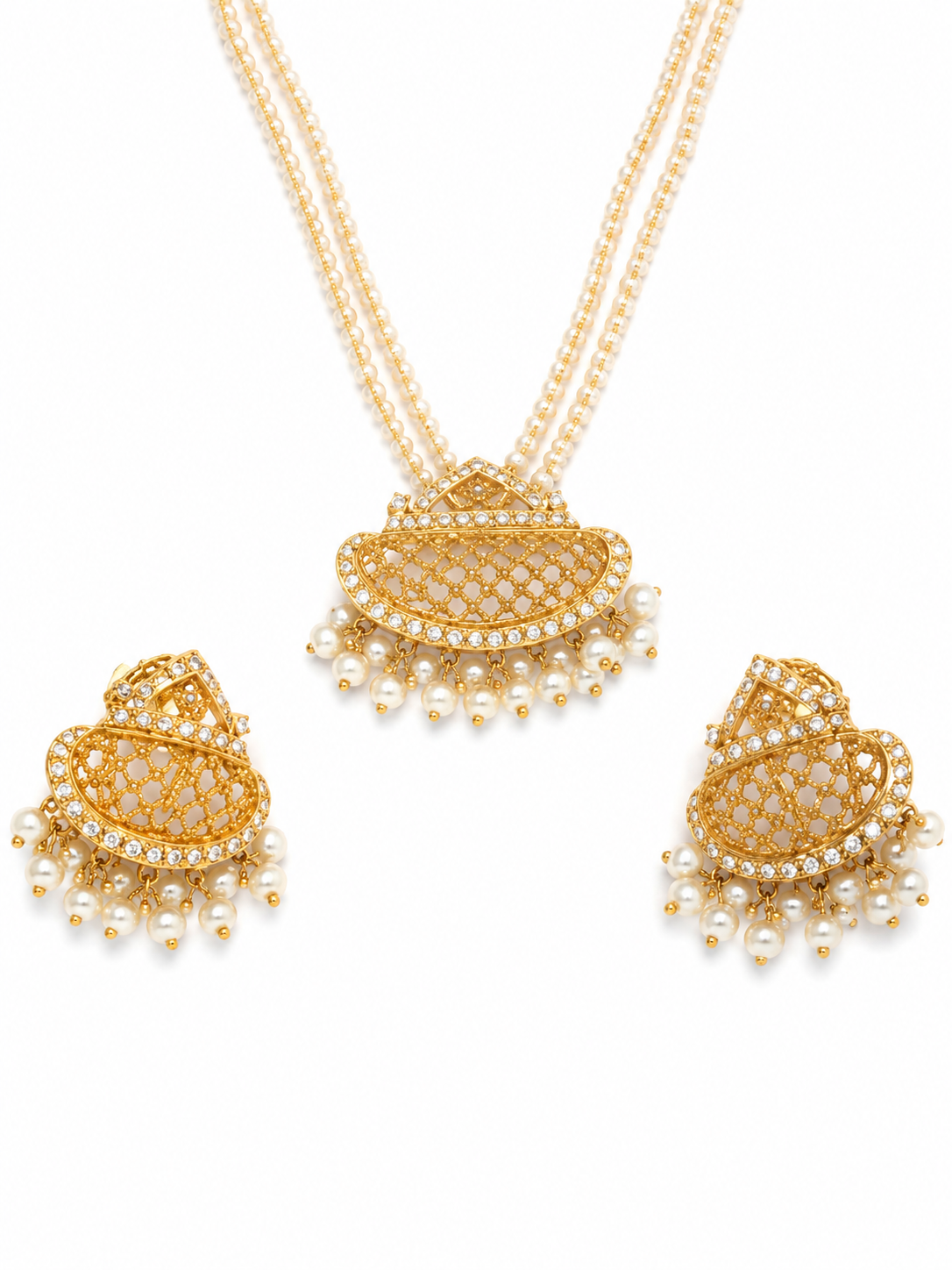 22KT Yellow Gold Filigree Pearl Tassel Cubic Zirconium Earrings and Necklace Set