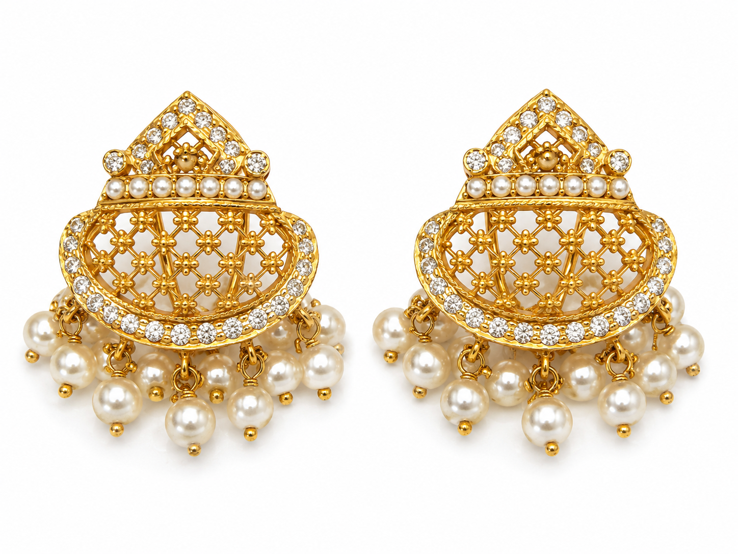 22KT Yellow Gold Filigree Pearl Tassel Cubic Zirconium Earrings and Necklace Set
