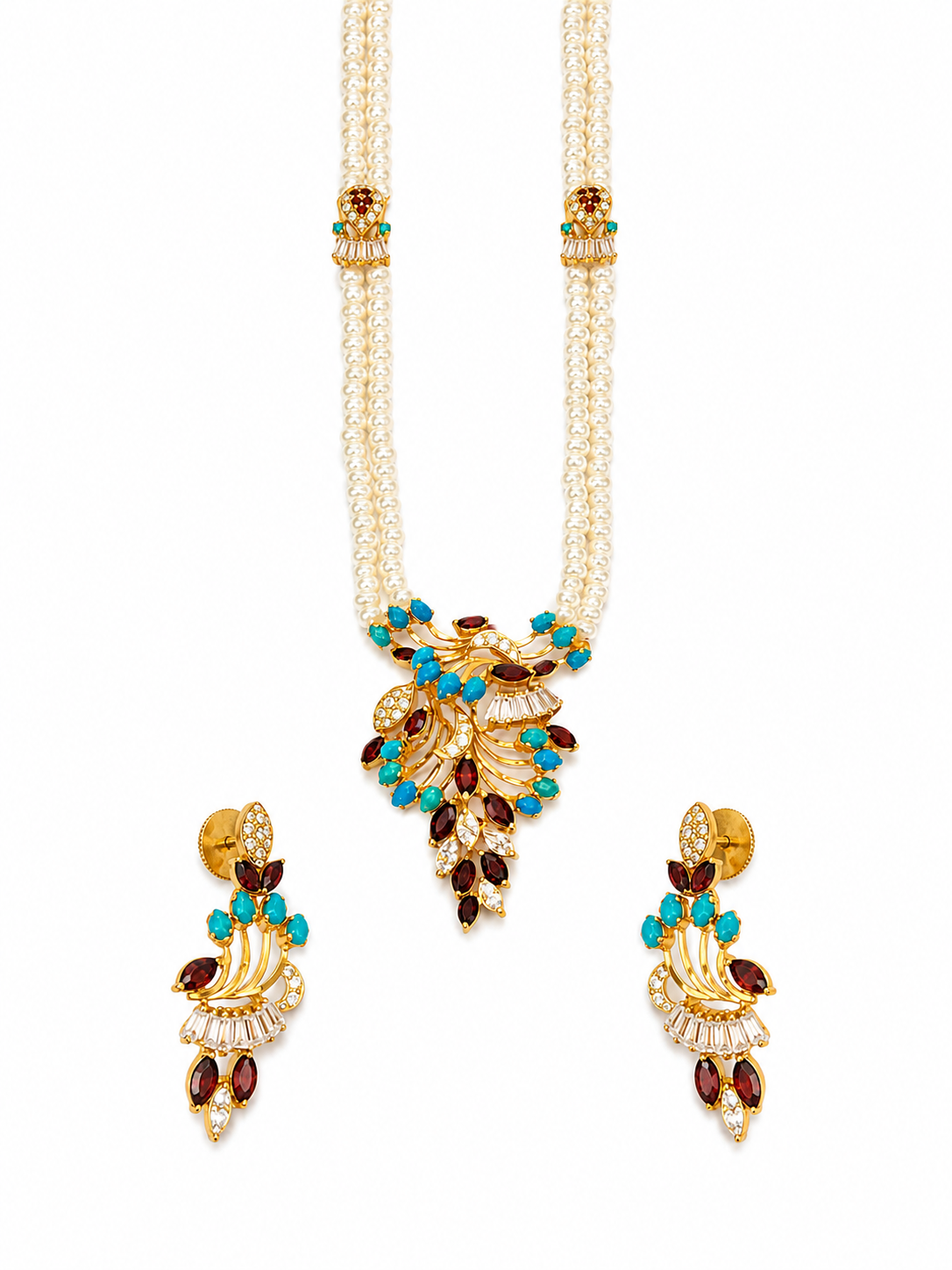 22KT Yellow Gold Three Strand Pearl Gemstone Cubic Zirconium Necklace and Earrings Set