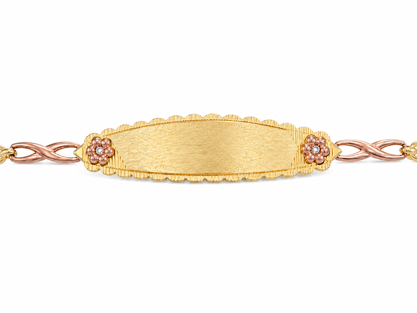 14KT Tri Tone Gold 12 MM Infinity and Heart Link Cubic Zirconium ID Bracelet