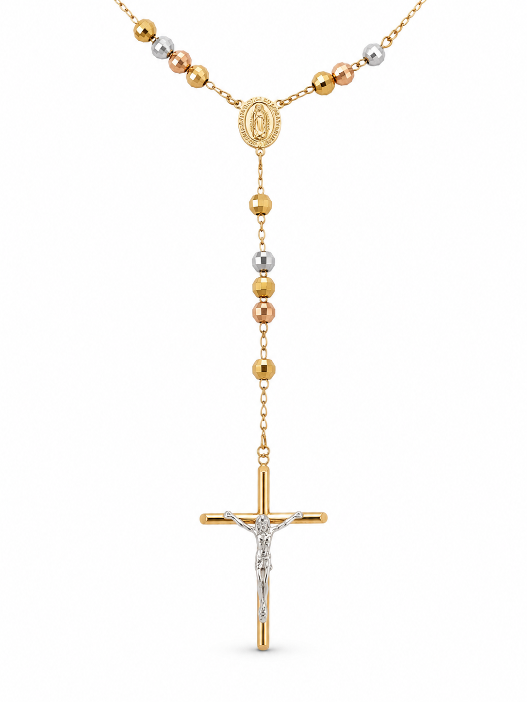14KT Tri Tone Gold 6 MM Rosary Style Necklace
