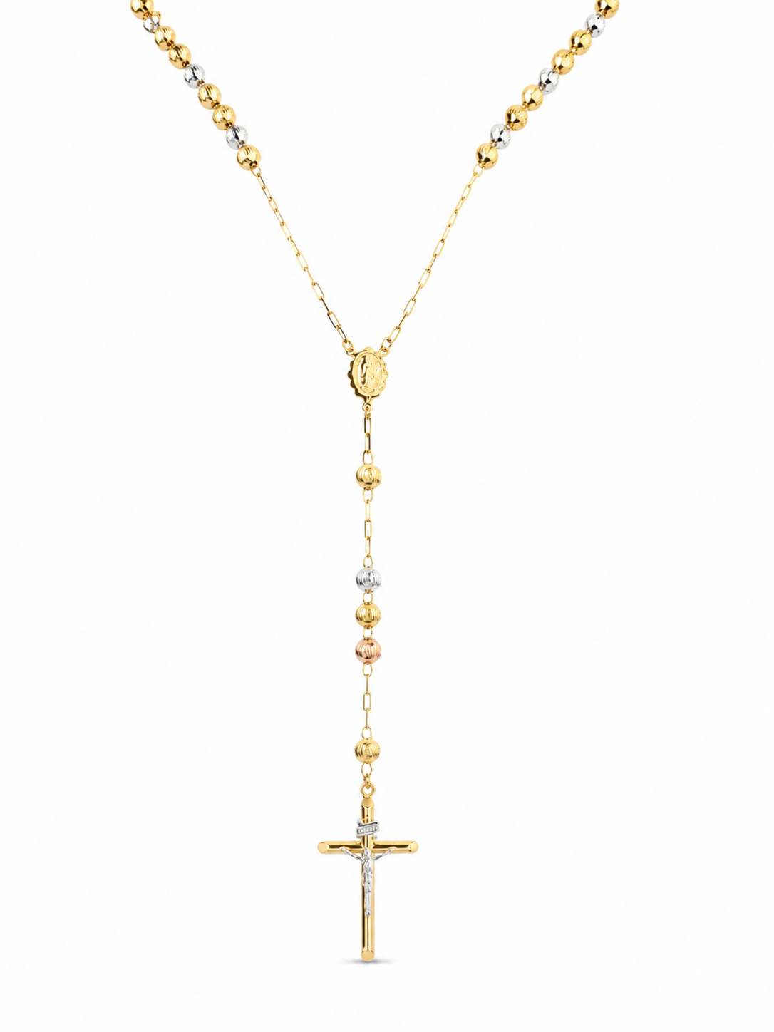 14KT Tri Tone Gold 6 MM Moon Cut Beads Rosary Necklace