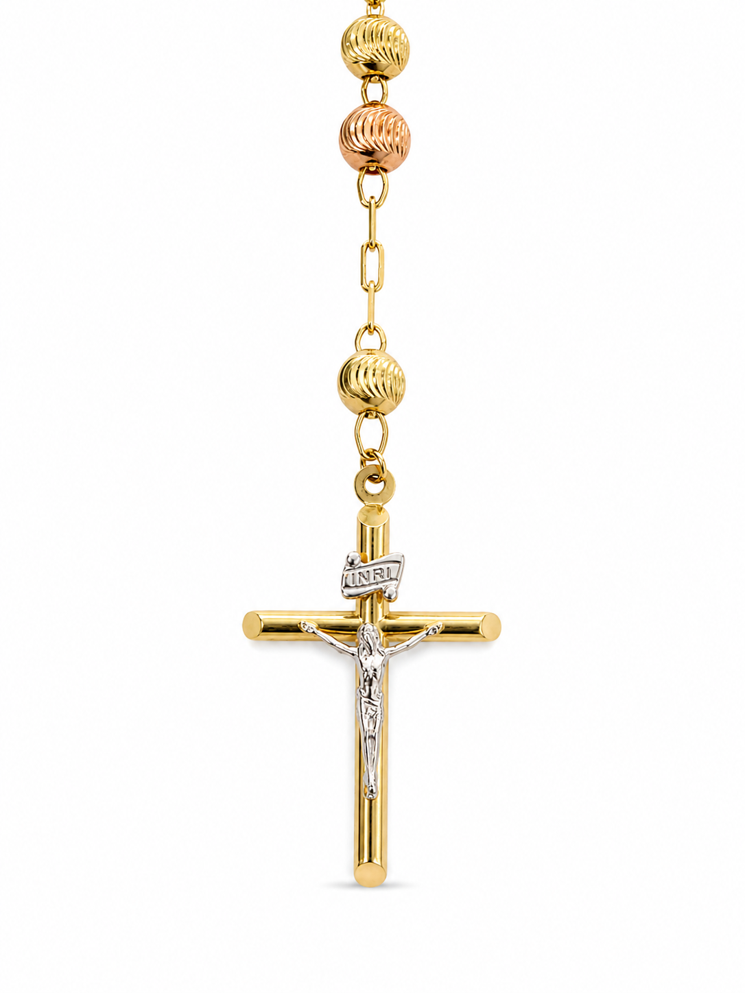 14KT Tri Tone Gold 6 MM Moon Cut Beads Rosary Necklace
