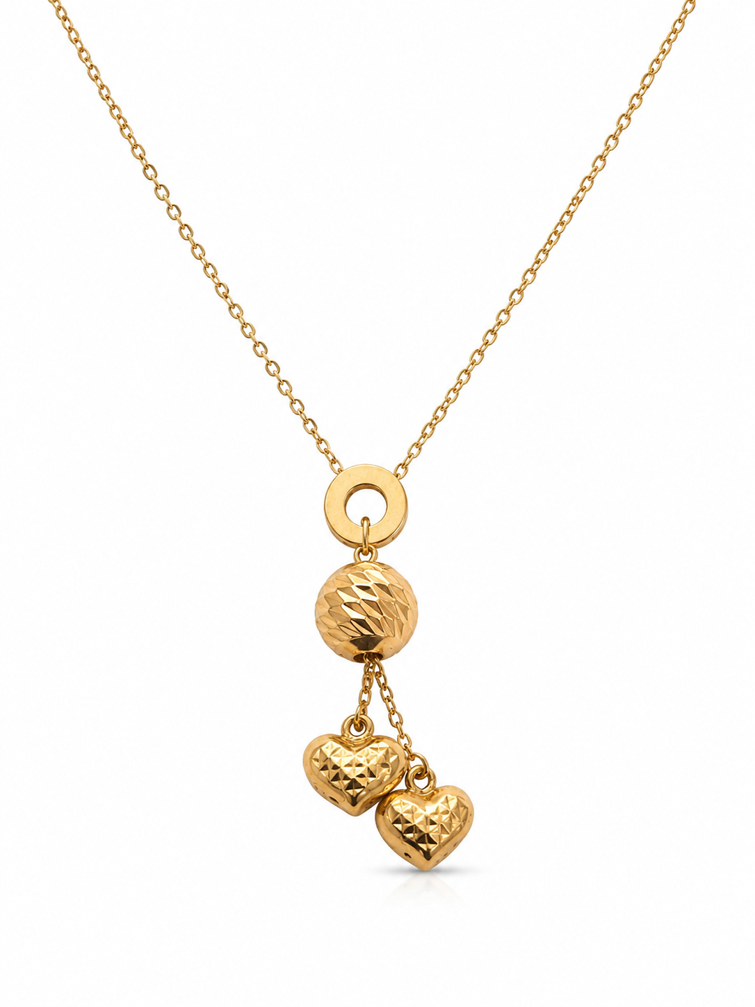 14KT Yellow Gold Hearts and Bead Charm Necklace