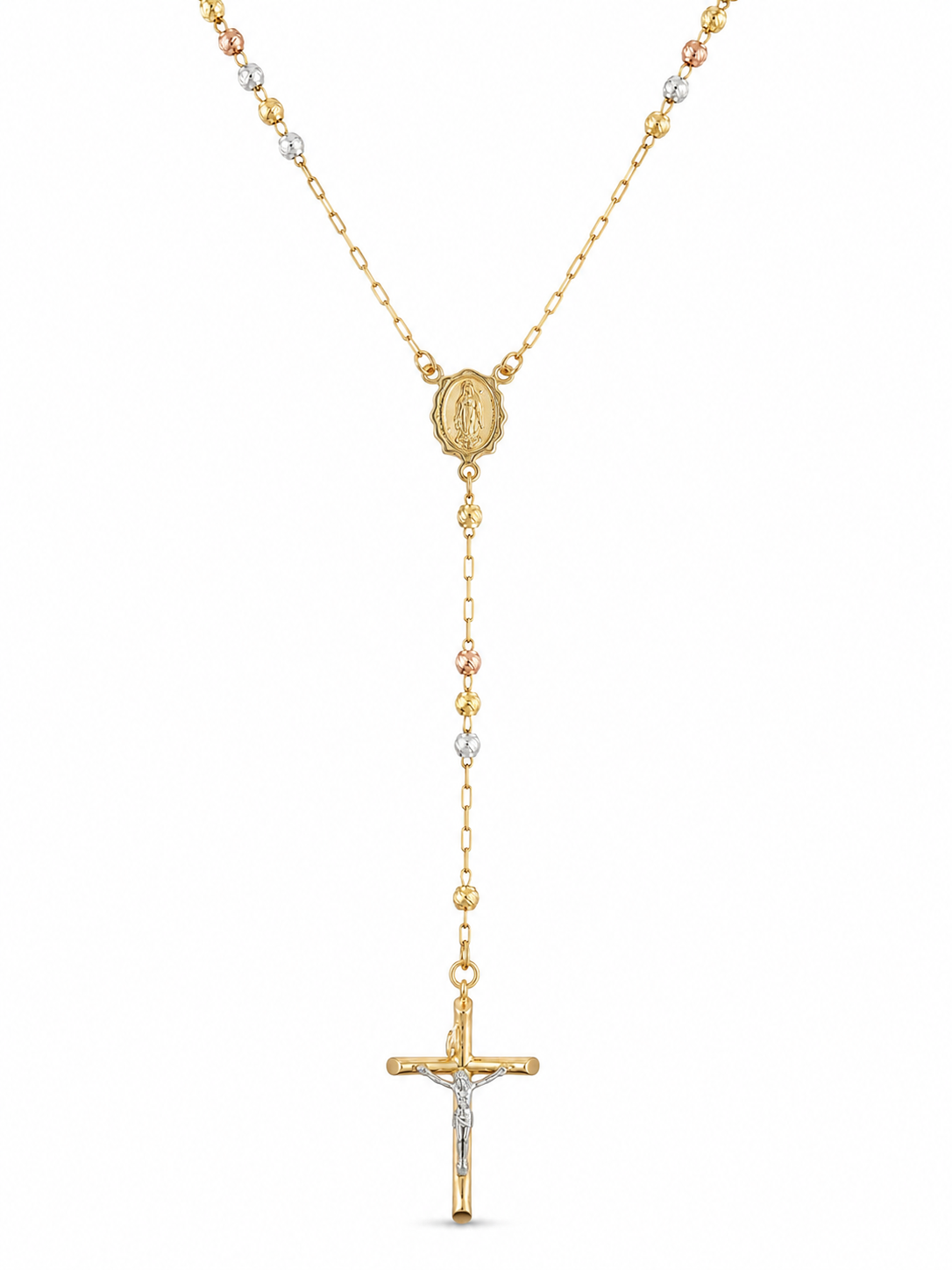 14KT Tri Tone Gold 3 MM Diamond Cut Rosary Necklace