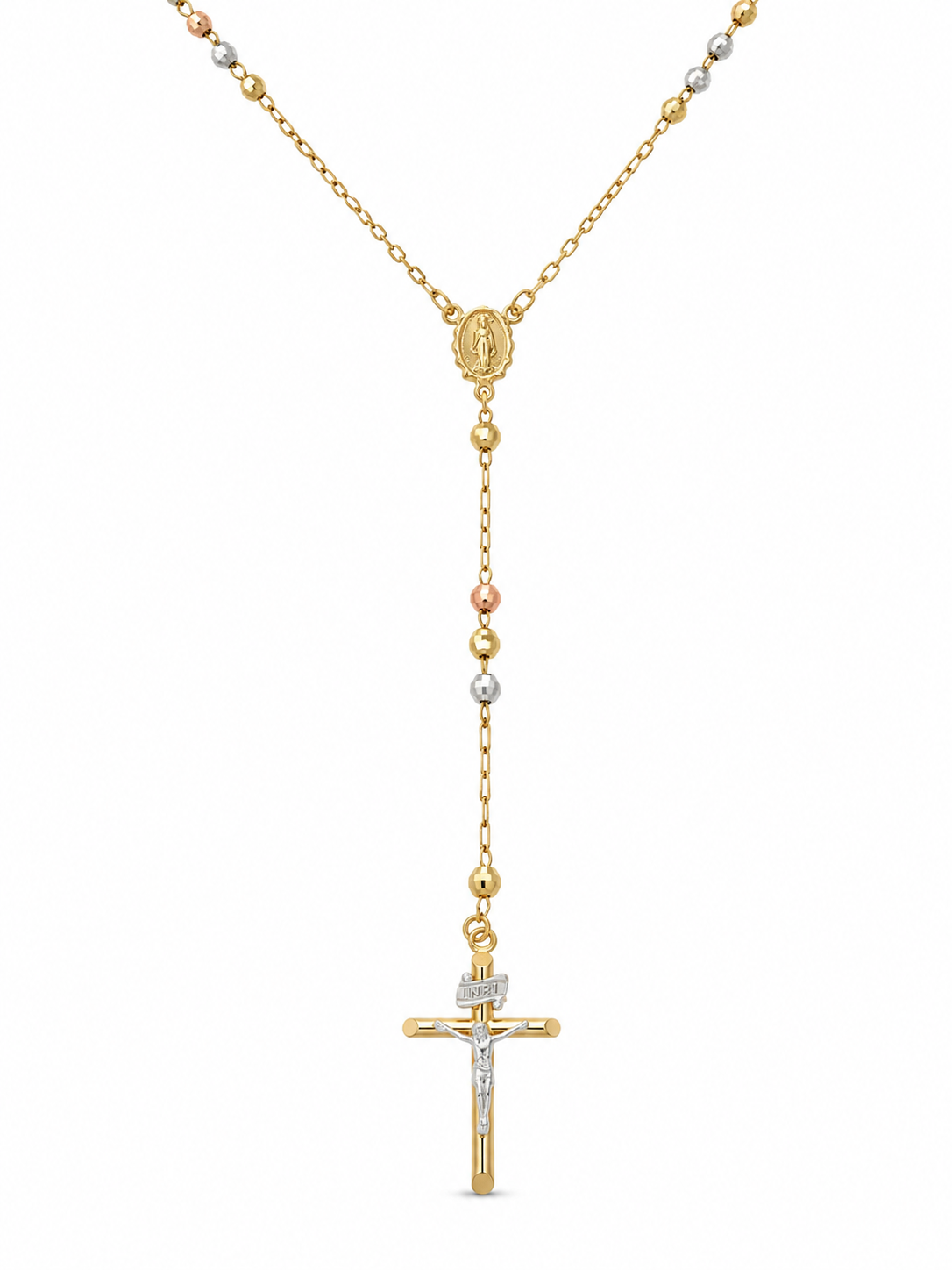 14KT Tri Tone Gold 4 MM Rosary Necklace