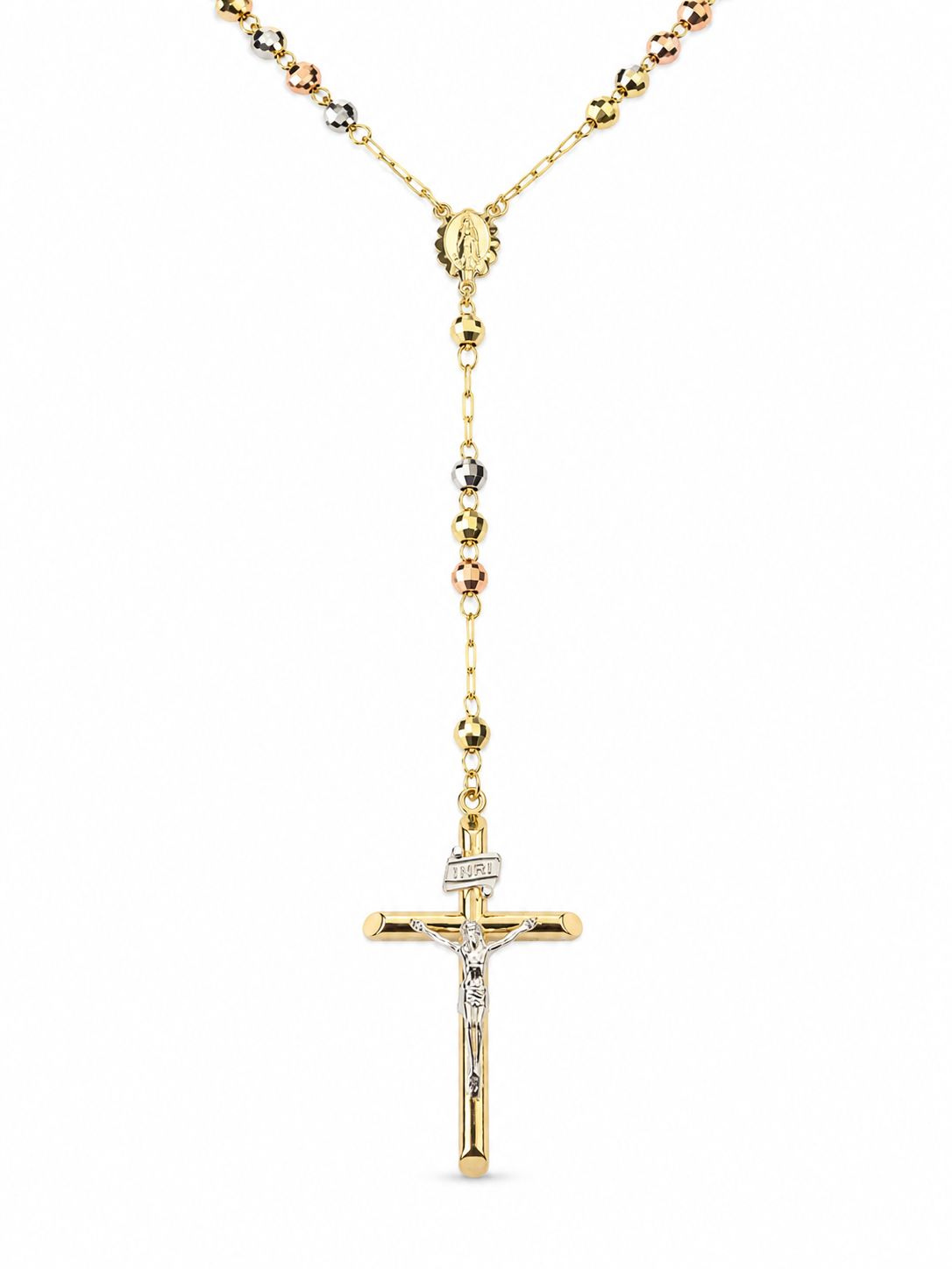 14KT Tri Tone Gold 5 MM Rosary Necklace