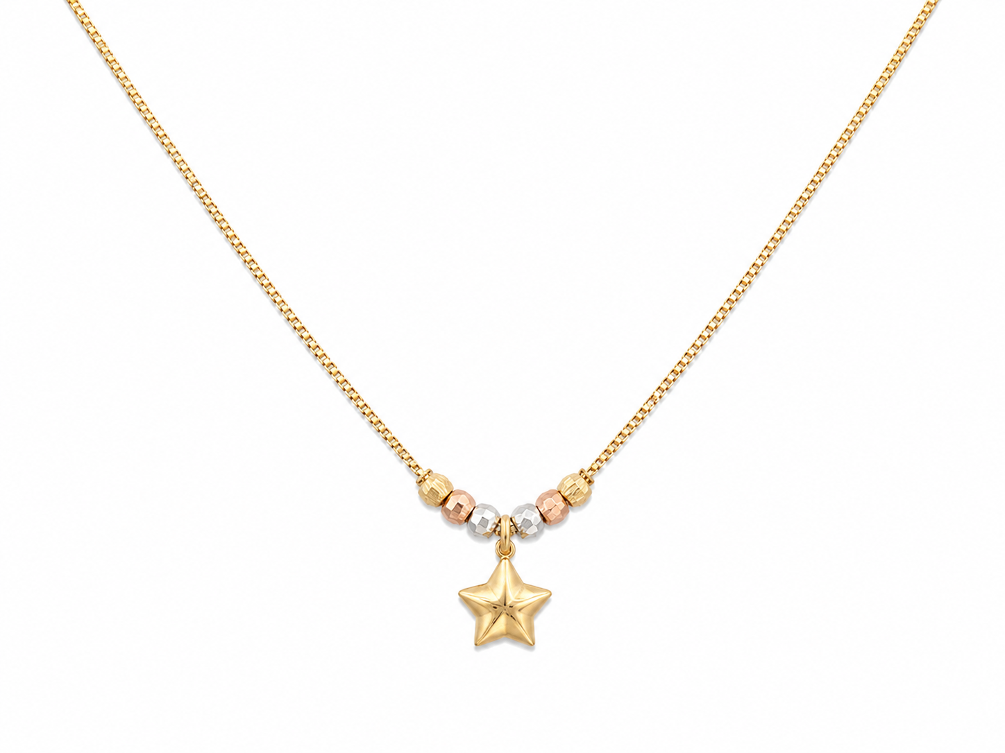 10KT Hollow Tri Tone Gold 1 MM Star Charm Designer Necklace