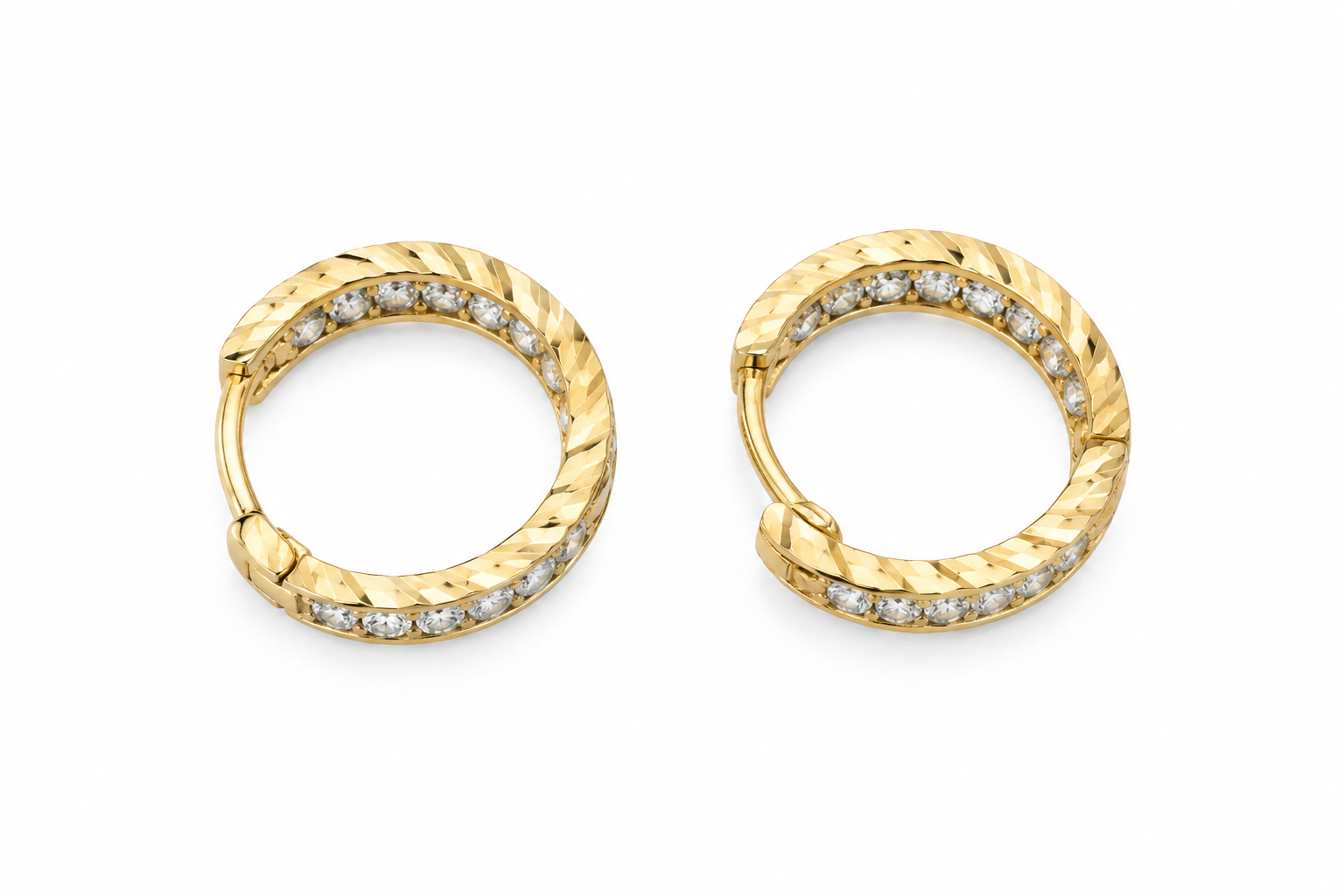 10KT Yellow Gold Textured Edge Cubic Zirconium Hoop Earrings