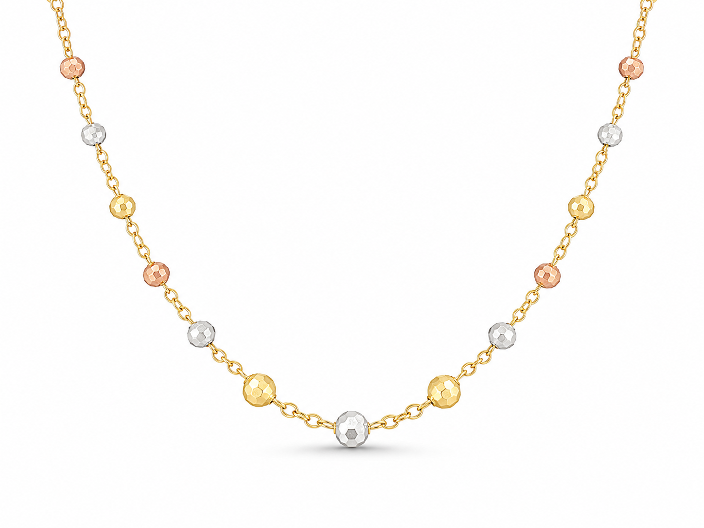 10KT Solid Tri-Tone Gold 1 MM Bead Station Necklace