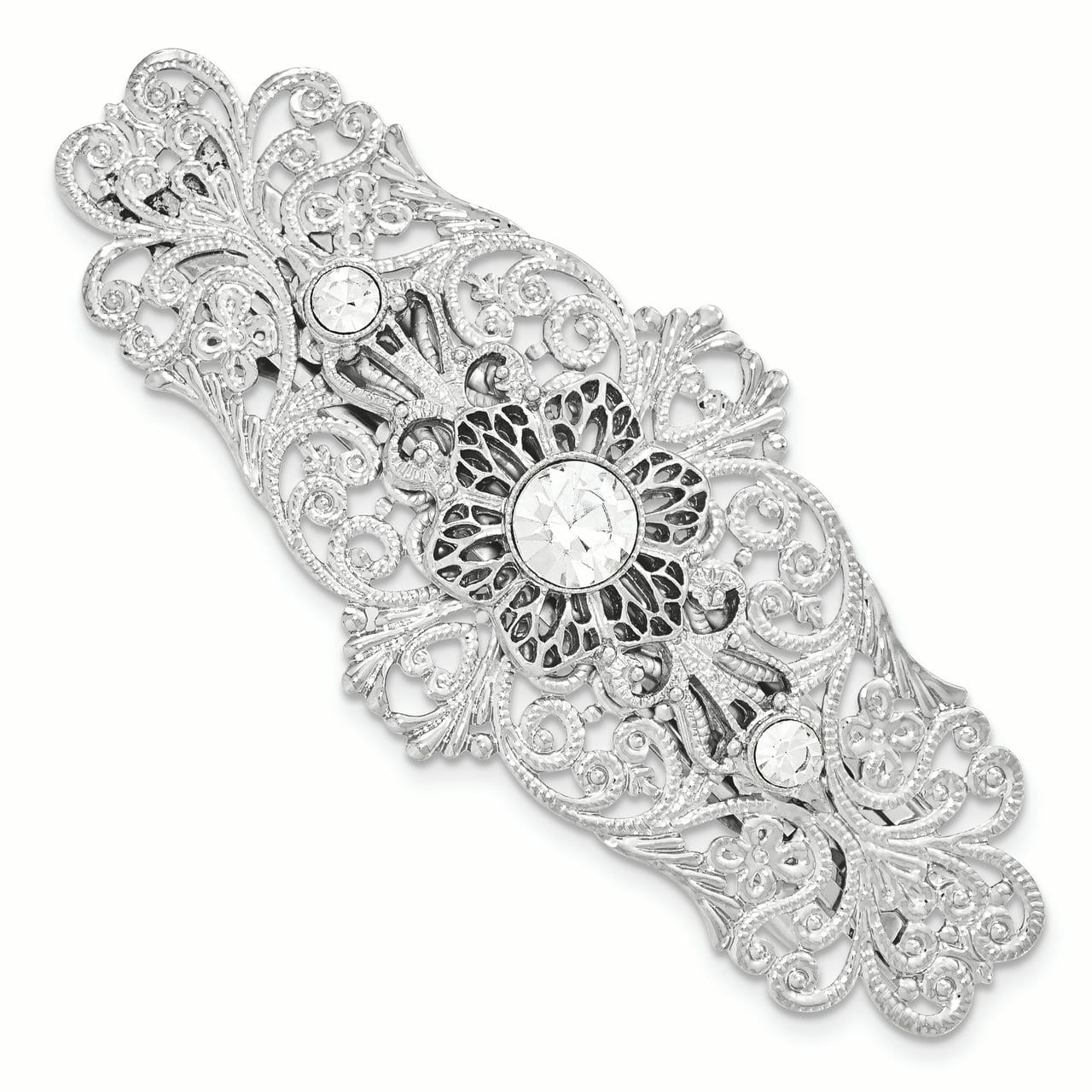 1928 Jewelry Silver-Tone Ornate Filigree Clear Crystal Large Hair Barrette
