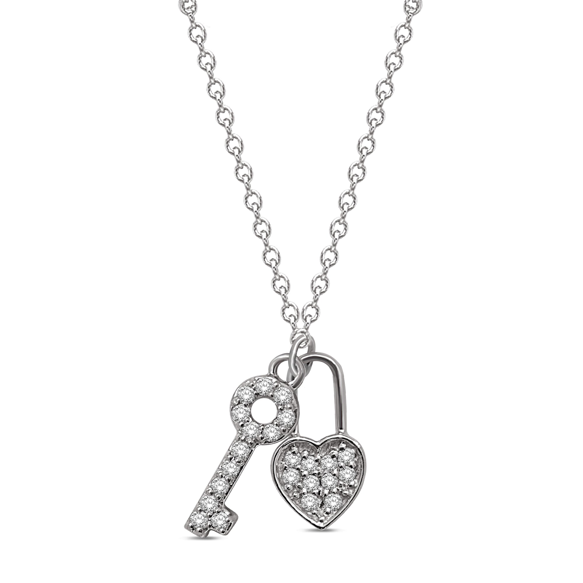 10K White Gold 1/8 Ct.Tw.Diamond Lock & Key Neckalce