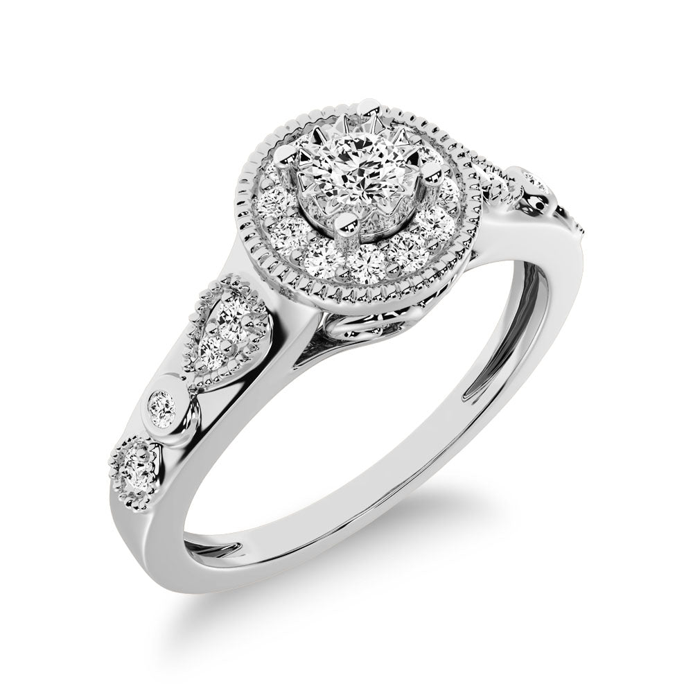 10K White Gold Diamond 1/5 Ct.Tw. Milgrain Detail Halo Engagement Ring