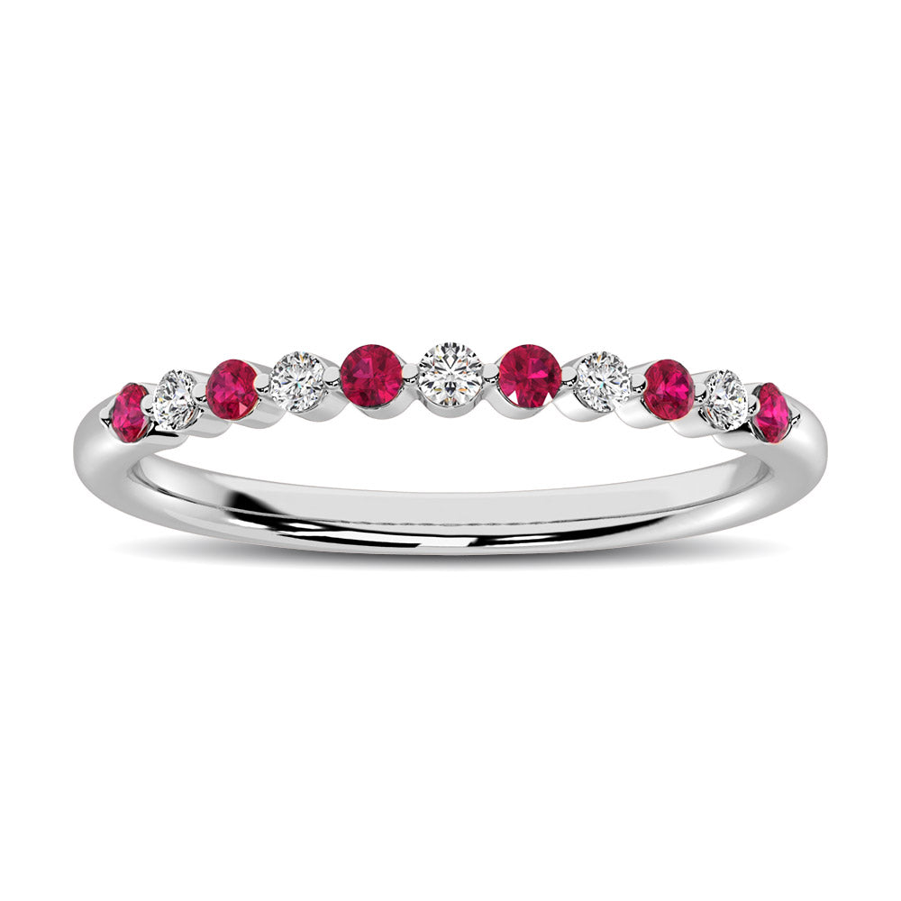 14K White Gold Alternate Diamond 1/4 Ctw And Ruby Ring