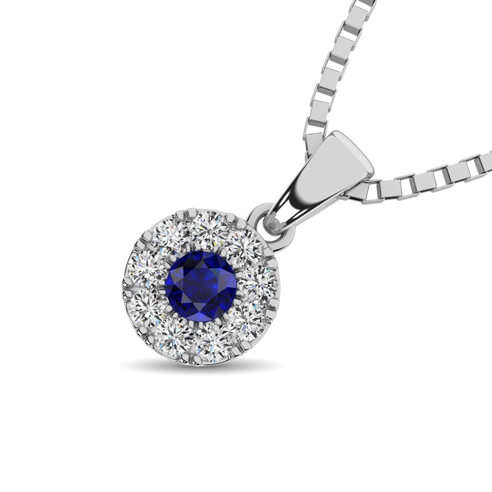14K White Gold Diamond 1/4 Ct.Tw. And Blue Sapphire Pendant