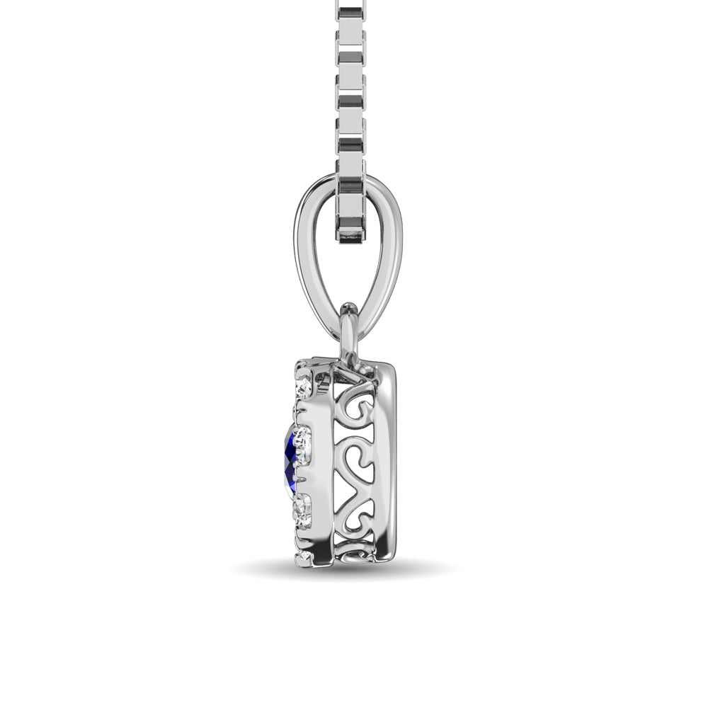 14K White Gold Diamond 1/4 Ct.Tw. And Blue Sapphire Pendant