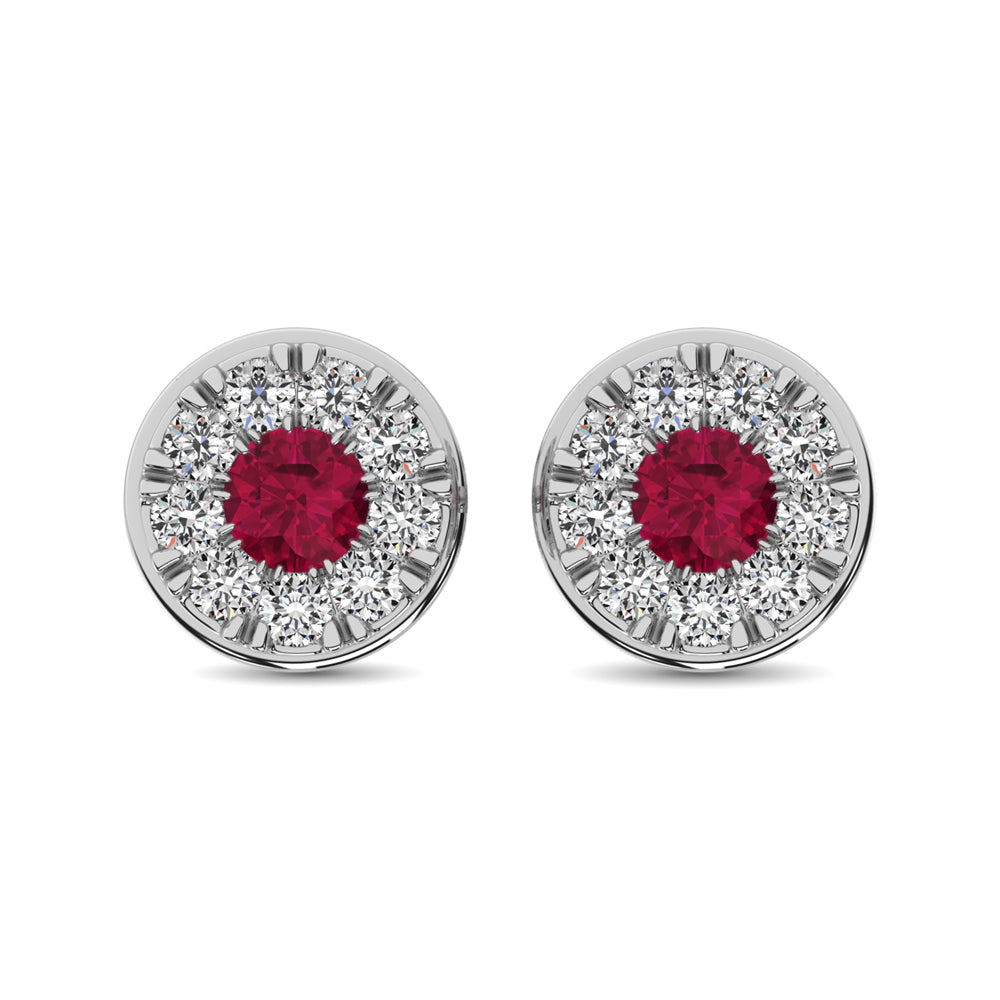 14K White Gold Diamond 1/4 Ct.Tw. And Ruby Stud
