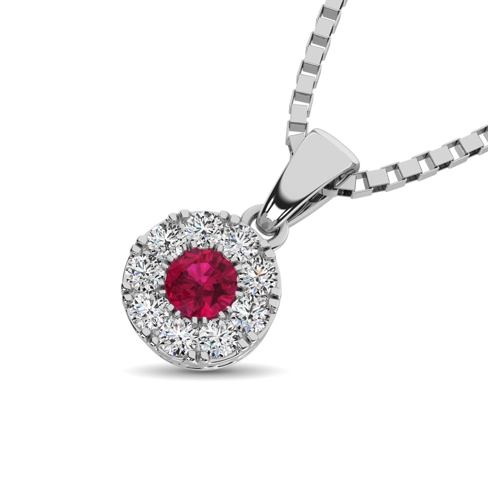 14K White Gold Diamond 1/4 Ct.Tw. And Ruby Pendant