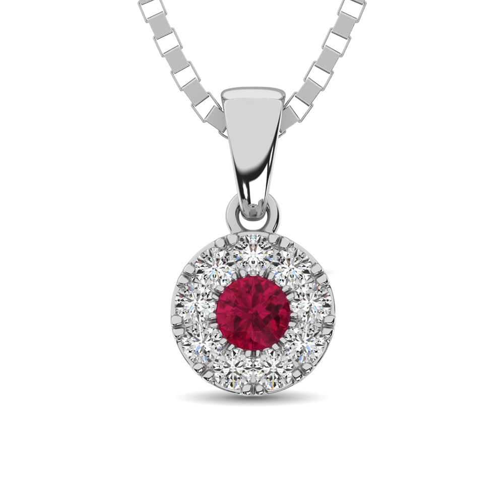 14K White Gold Diamond 1/4 Ct.Tw. And Ruby Pendant