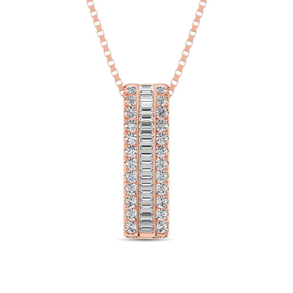 14K Rose Gold Round And Baguette Diamond 1/3 Ct.Tw. Drop Bar Pendant