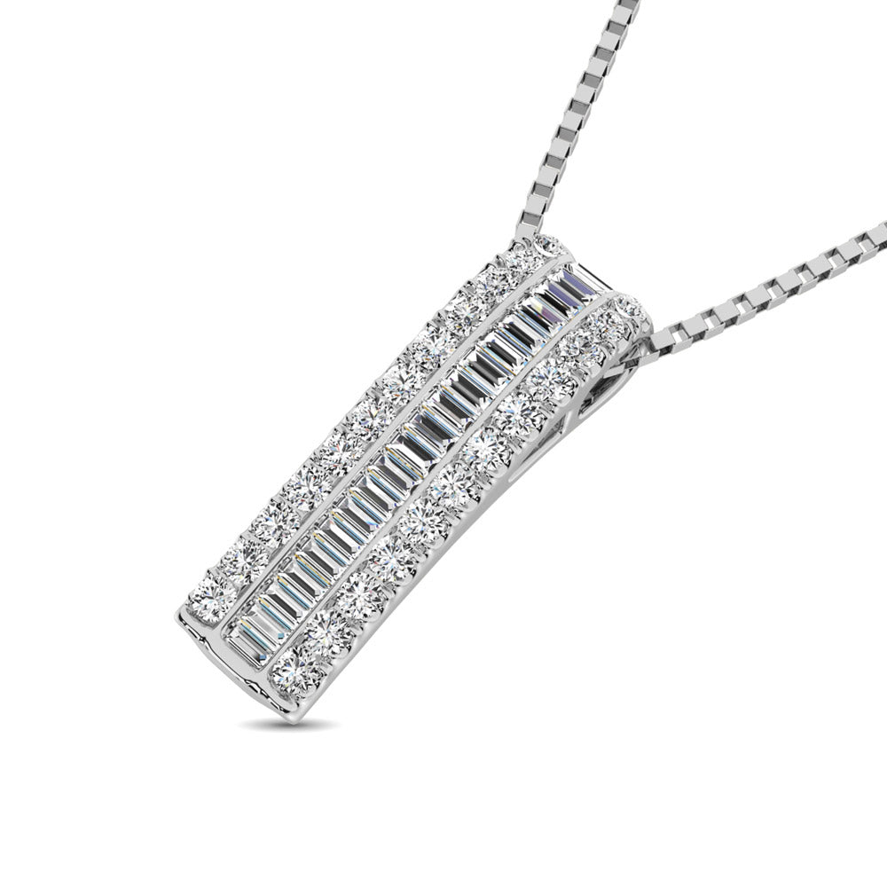 14K White Gold Round And Baguette Diamond 1/3 Ct.Tw. Drop Bar Pendant