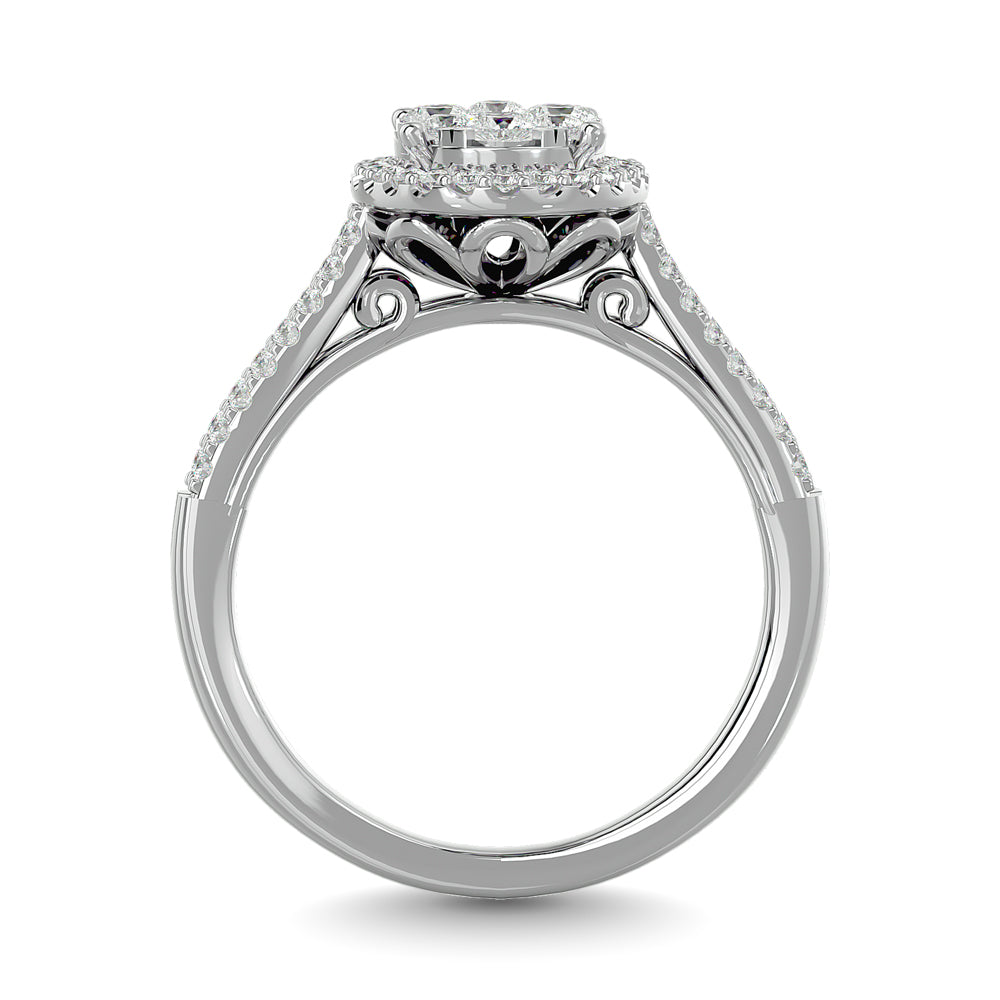Diamond 3/4 Ct Tw Round Cut Oval Shape Engagement Ring In 14K White Gold