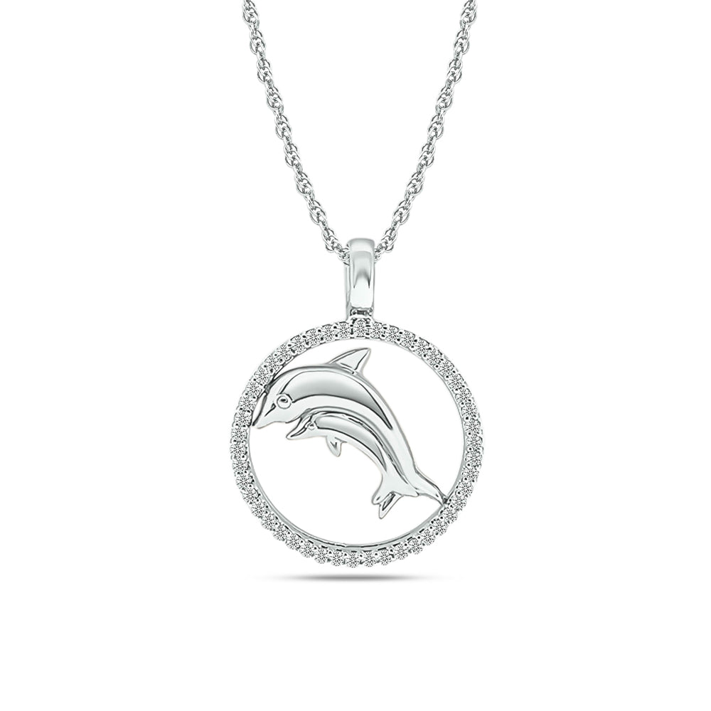 Diamond Sea Of Life Dolphine Pendant 1/8 Ct Tw In Sterling Silver