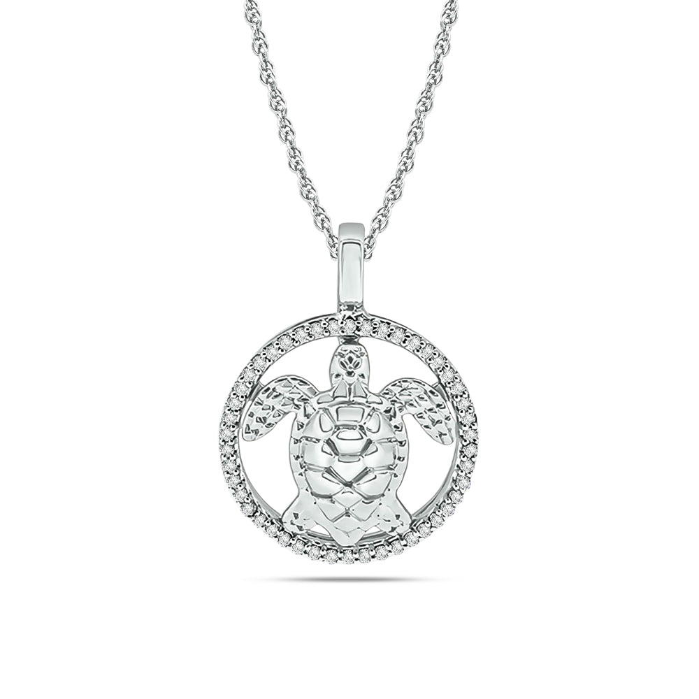 Diamond Sea Of Life Turtle Pendant 1/8 Ct Tw In Sterling Silver