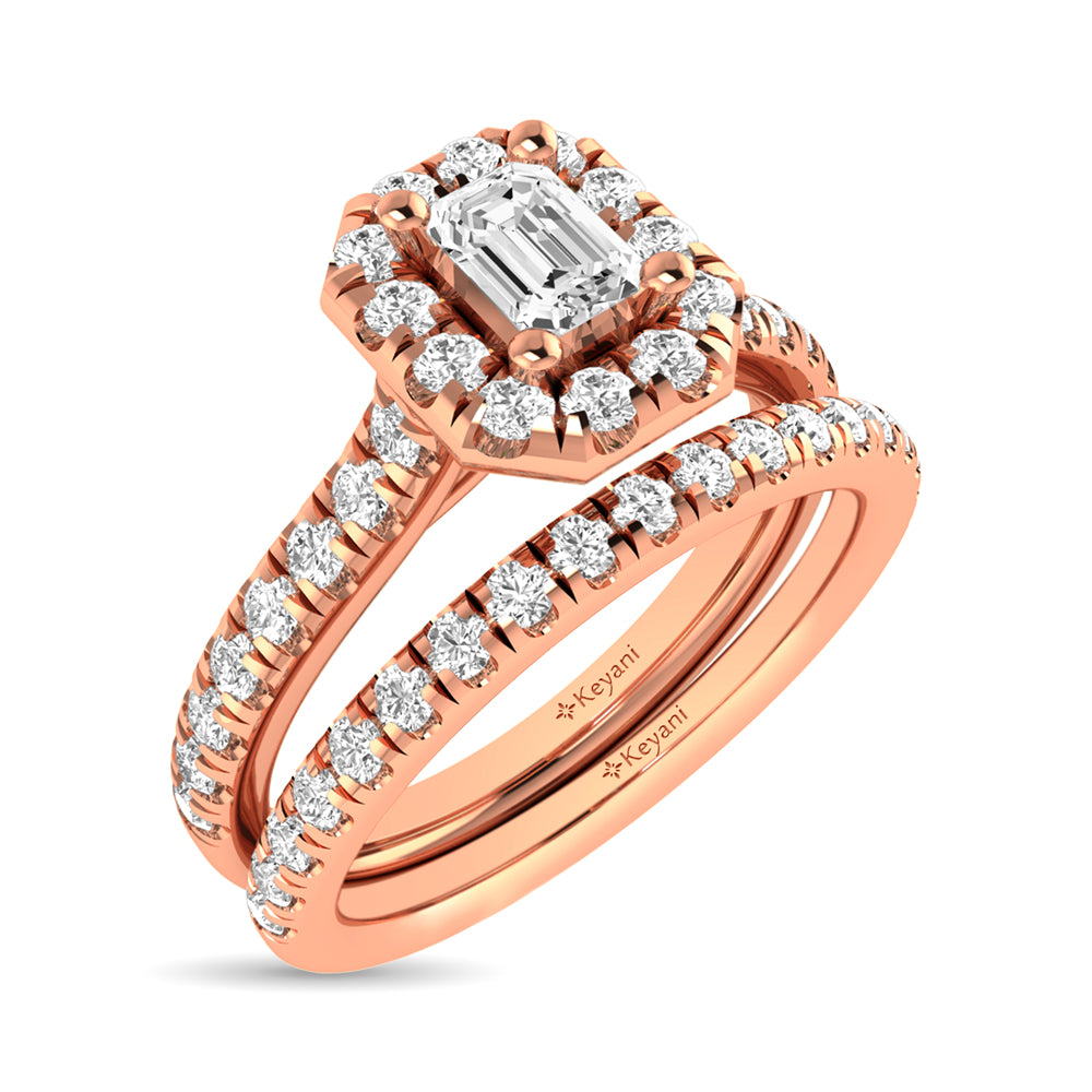Diamond Classic Shank Single Halo Bridal Ring 1 ct tw Emerald Cut in 14K Rose Gold