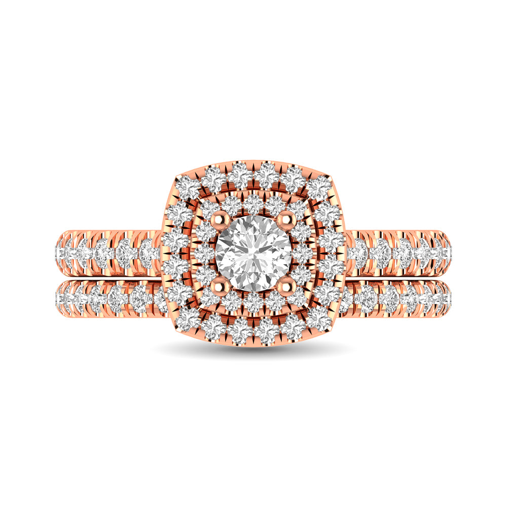 Diamond Classic Shank Double Halo Bridal Ring 1 Ct Tw Round Cut In 14K Rose Gold