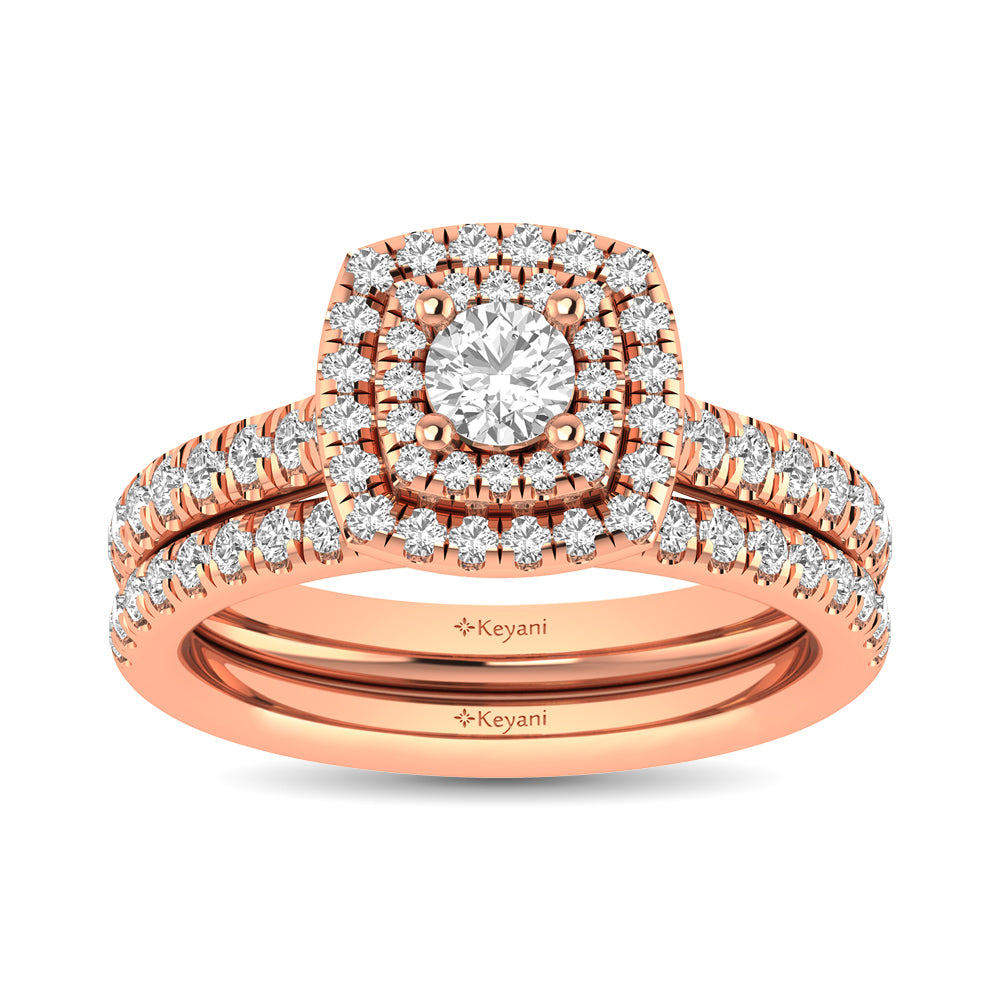 Diamond Classic Shank Double Halo Bridal Ring 1 ct tw Round Cut in 14K Rose Gold