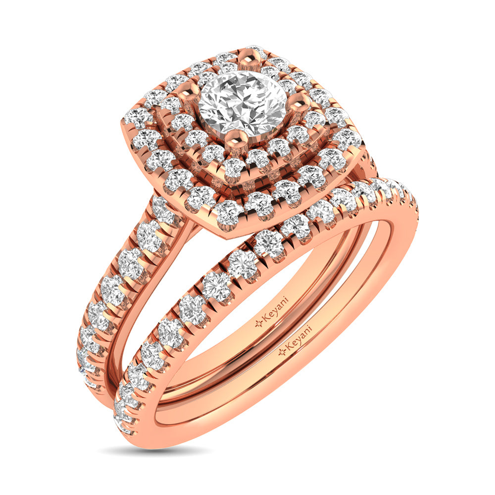 Diamond Classic Shank Double Halo Bridal Ring 1 Ct Tw Round Cut In 14K Rose Gold