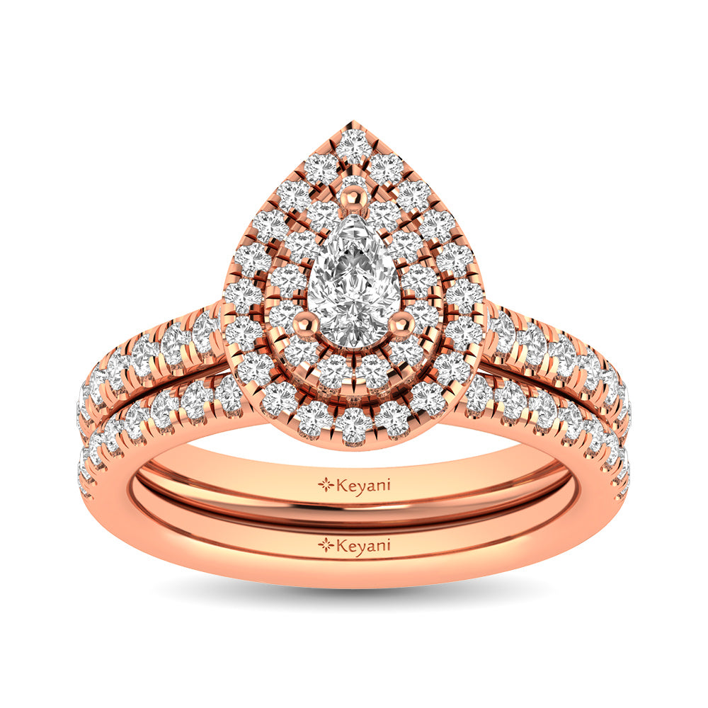 Diamond Classic Shank Double Halo Bridal Ring 1 Ct Tw Pear Cut In 14K Rose Gold