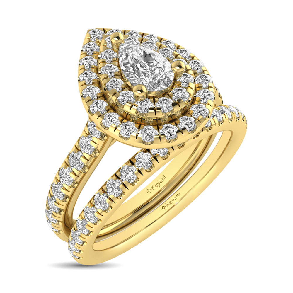 Diamond Classic Shank Double Halo Bridal Ring 1 Ct Tw Pear Cut In 14K Yellow Gold