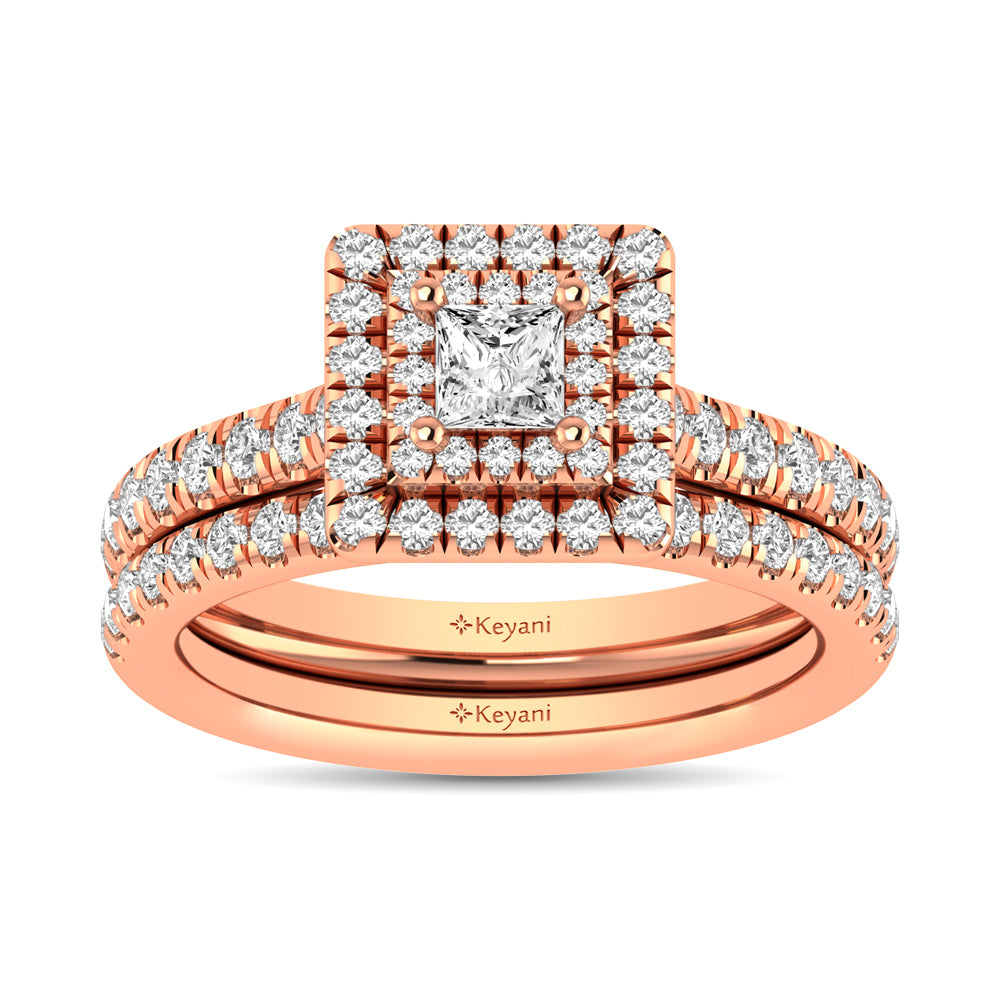 Diamond Classic Shank Double Halo Bridal Ring 1 ct tw Princess Cut in 14K Rose Gold