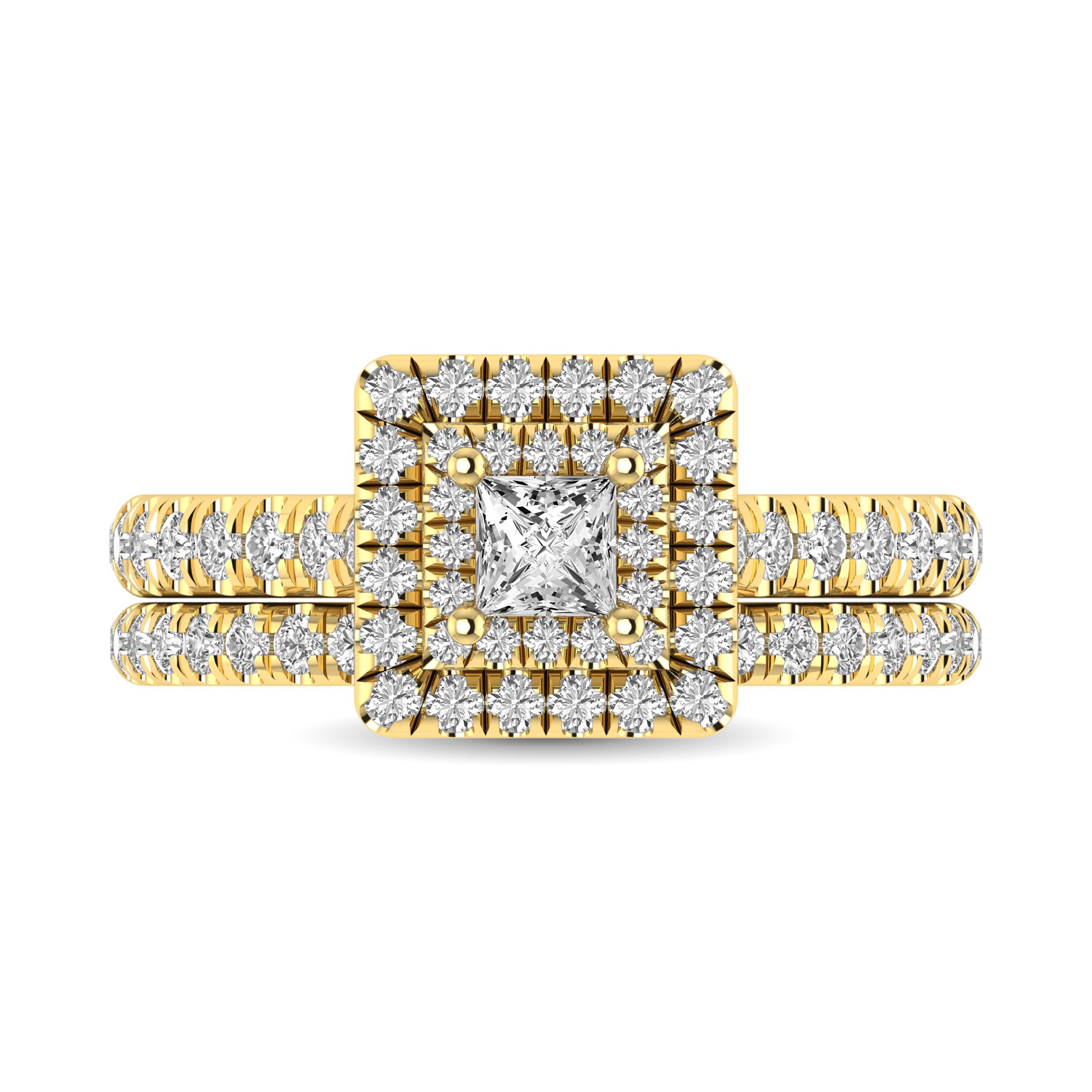 Diamond Classic Shank Double Halo Bridal Ring 1 Ct Tw Princess Cut In 14K Yellow Gold