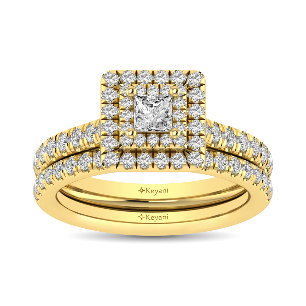 Diamond Classic Shank Double Halo Bridal Ring 1 ct tw Princess Cut in 14K Yellow Gold