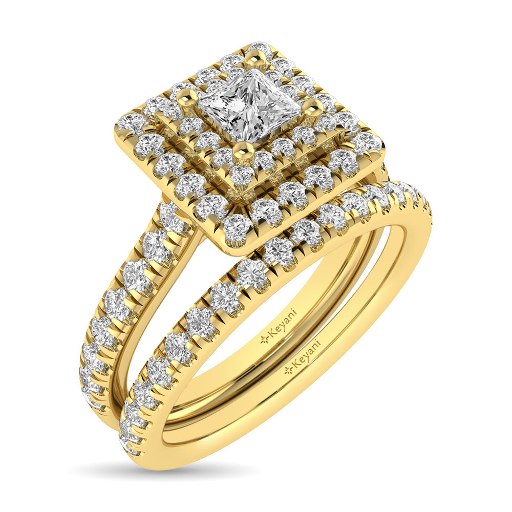 Diamond Classic Shank Double Halo Bridal Ring 1 ct tw Princess Cut in 14K Yellow Gold
