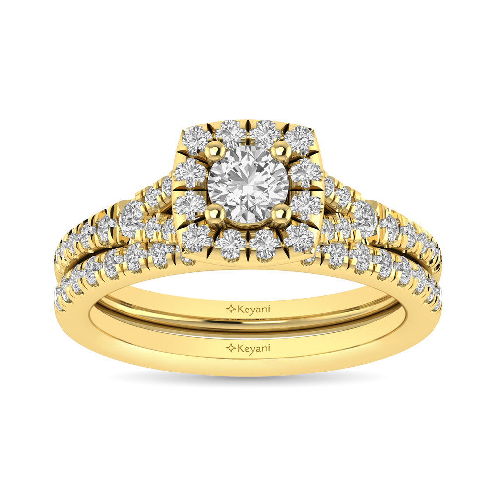 Diamond Split Shank Single Halo Bridal Ring 1 ct tw Round Cut in 14K Yellow Gold