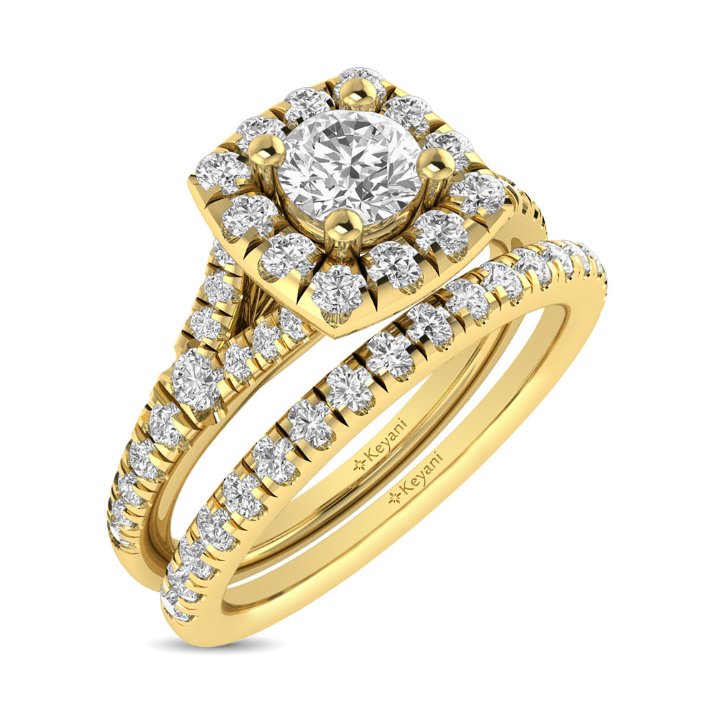 Diamond Split Shank Single Halo Bridal Ring 1 ct tw Round Cut in 14K Yellow Gold