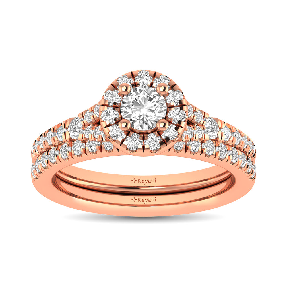 Diamond Split Shank Single Halo Bridal Ring 1 Ct Tw Round Cut In 14K Rose Gold