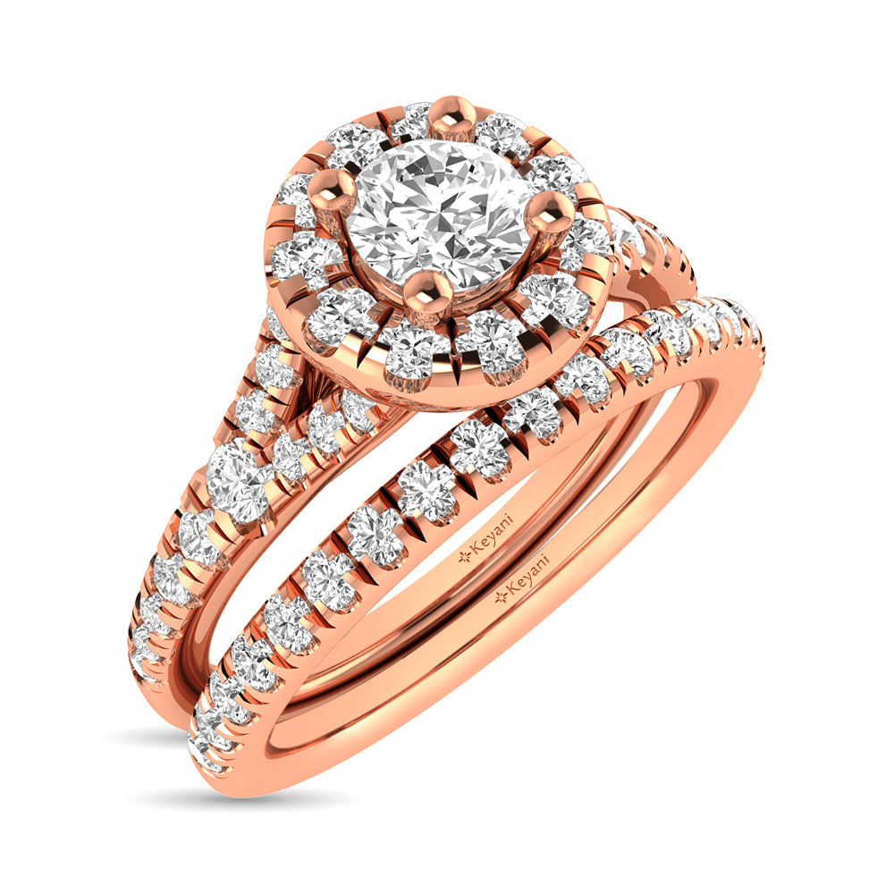 Diamond Split Shank Single Halo Bridal Ring 1 ct tw Round Cut in 14K Rose Gold