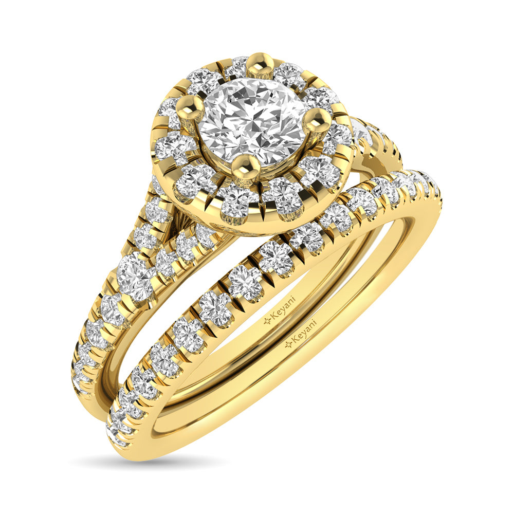 Diamond Split Shank Single Halo Bridal Ring 1 ct tw Round Cut in 14K Yellow Gold
